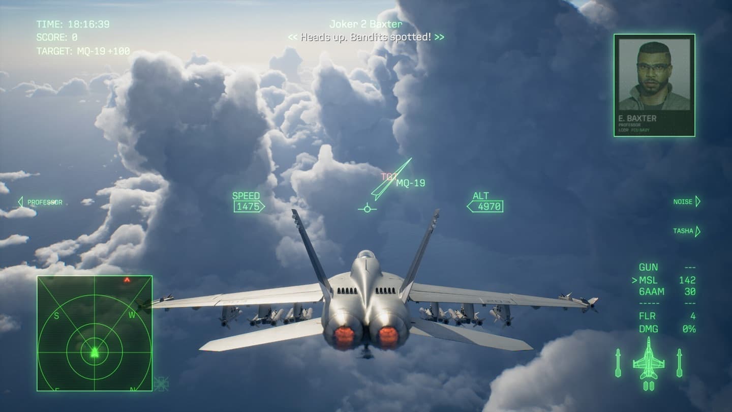 A gray fighter jet flies between towering white clouds, with a green radar and flight readouts around it.