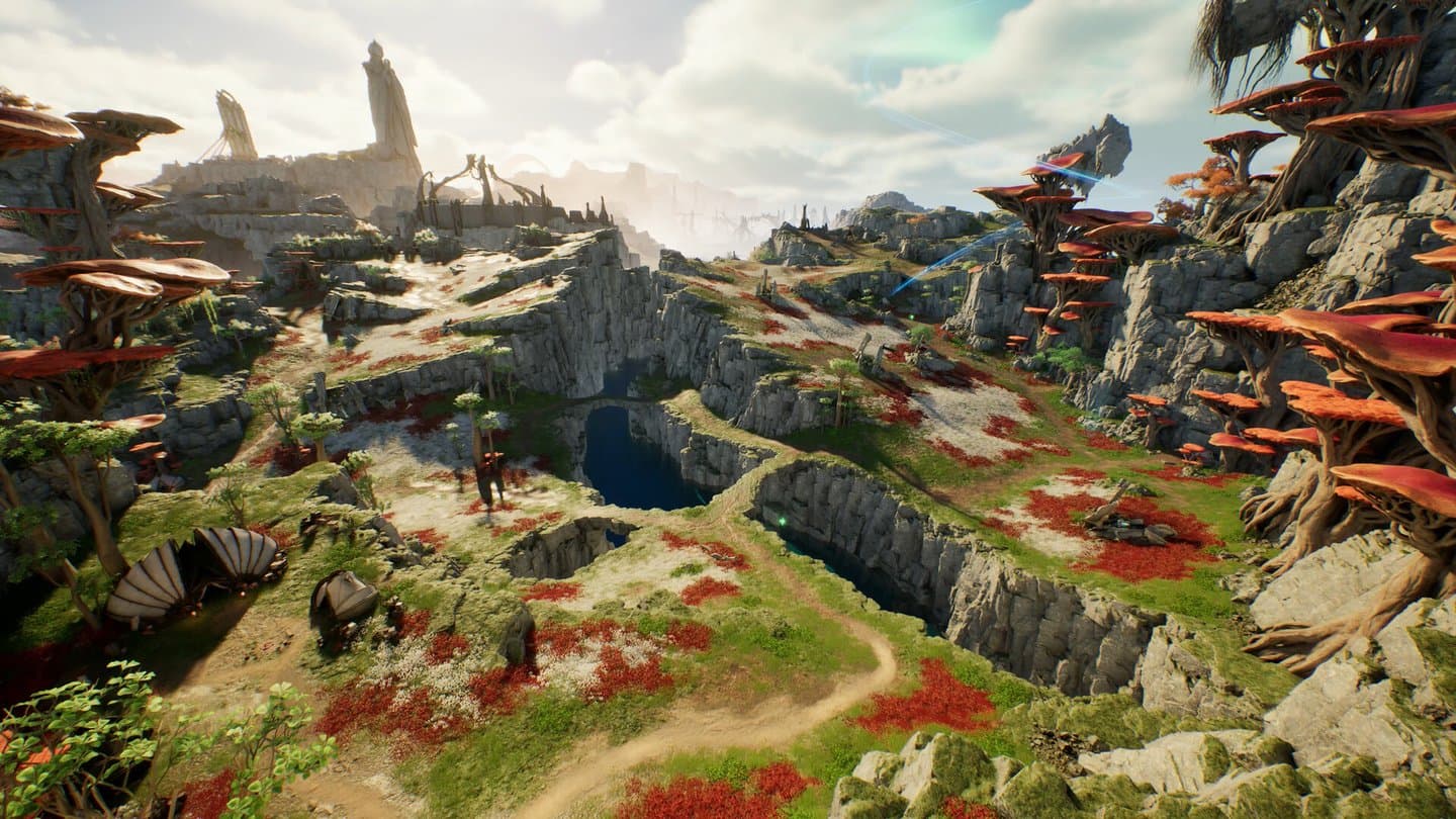 An open valley of green grass, red flowers and giant orange mushrooms, with ruined towers on a cliff in the distance.