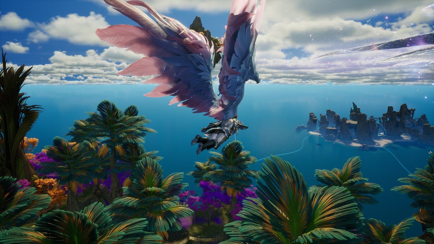 A character with feathered wings glides over a turquoise sea toward a rocky island, above palm trees.