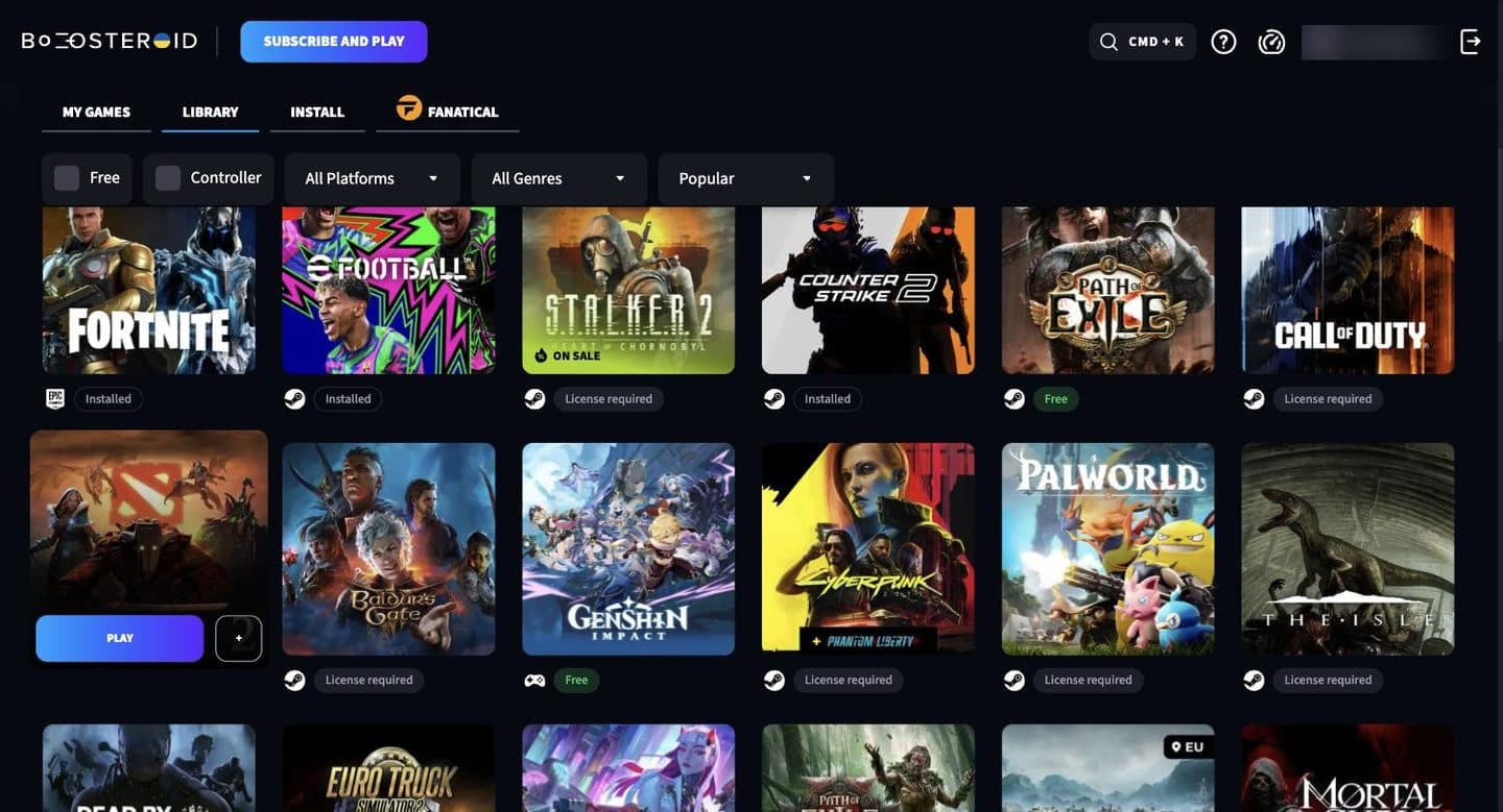 The Boosteroid library in a browser: a grid of game covers with Installed, Free and License required labels