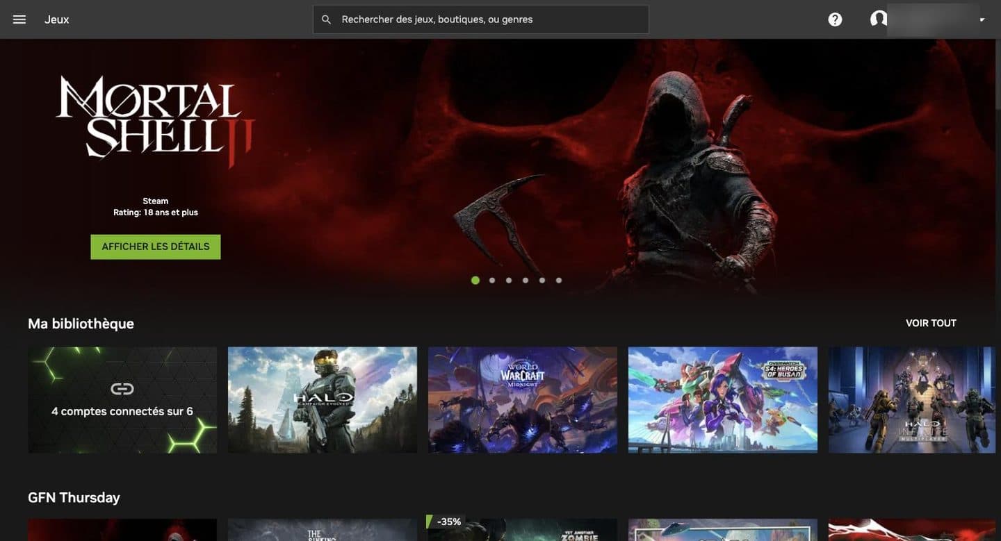 The GeForce NOW web app: a featured game, the My library row with linked store accounts, and the GFN Thursday row