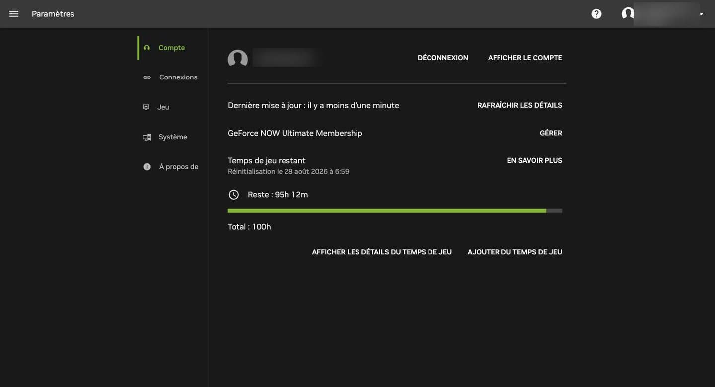 GeForce NOW account settings showing 95 hours 12 minutes left of 100 hours, with a reset date