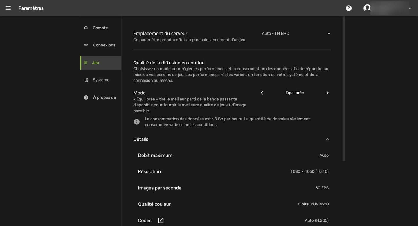 GeForce NOW streaming settings: server location, quality mode, maximum bitrate, resolution, 60 fps, colour depth and the H.265 codec