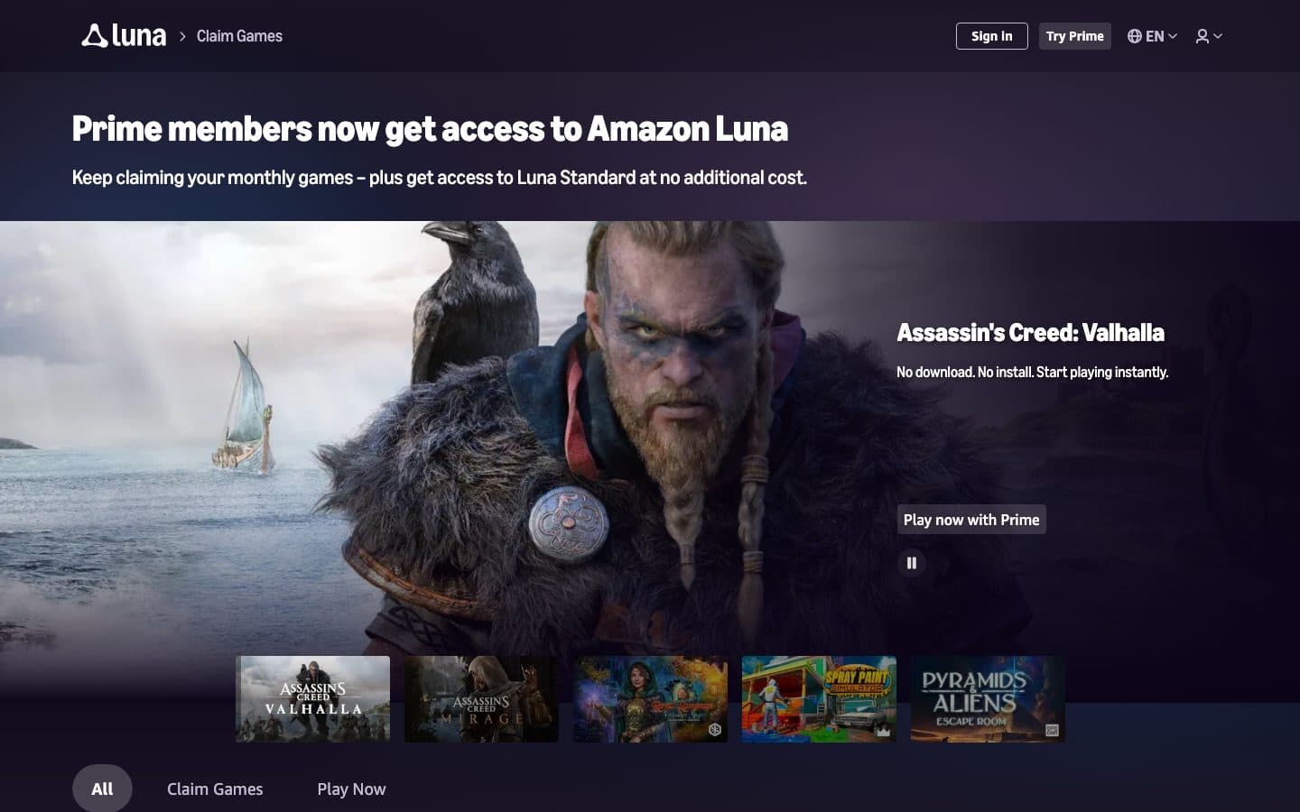 The Amazon Luna home page: Prime members now get access to Amazon Luna, with Assassin's Creed Valhalla featured