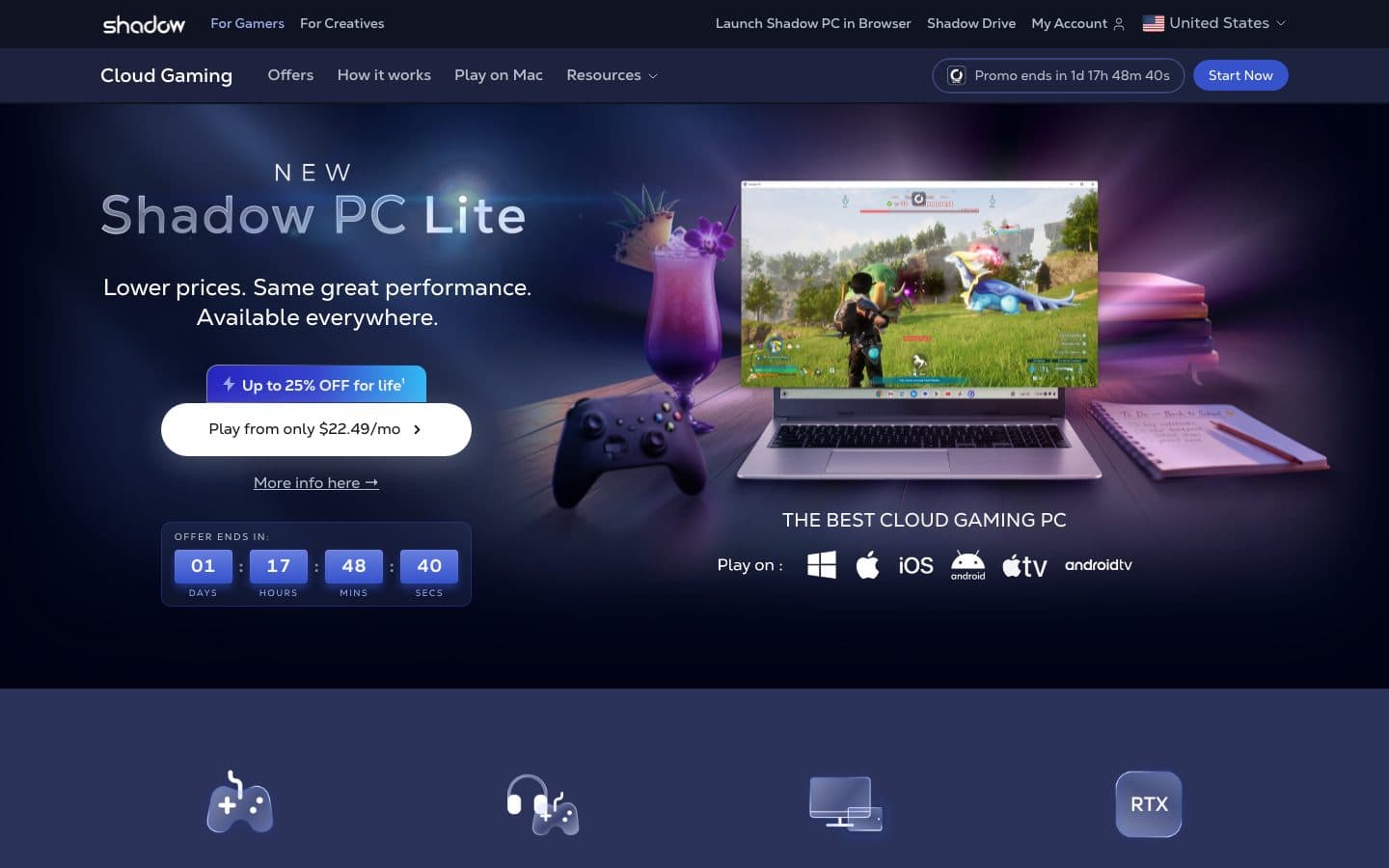 The Shadow PC page announcing Shadow PC Lite, from $22.49 a month, with a countdown on the launch offer
