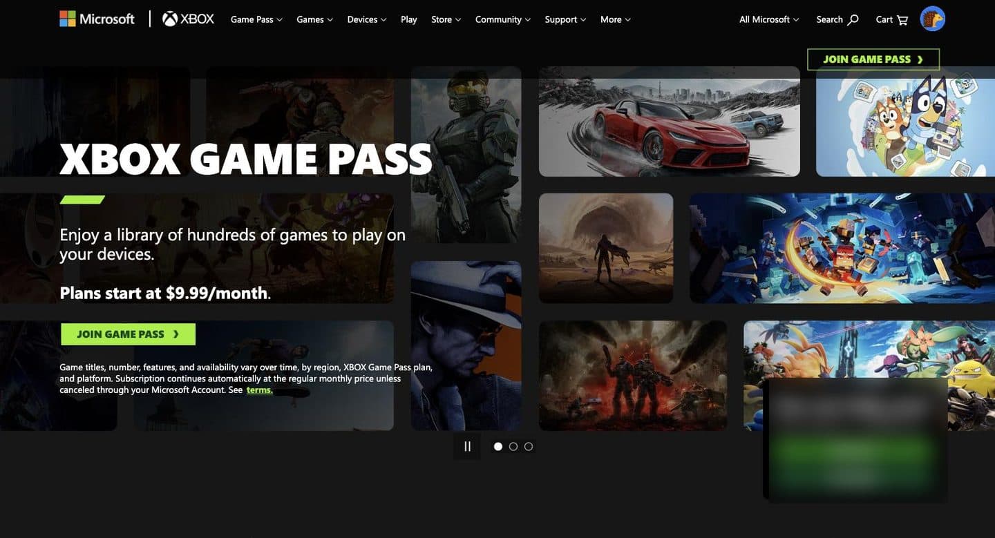 The Xbox Game Pass page: a library of hundreds of games to play on your devices, plans start at $9.99 a month