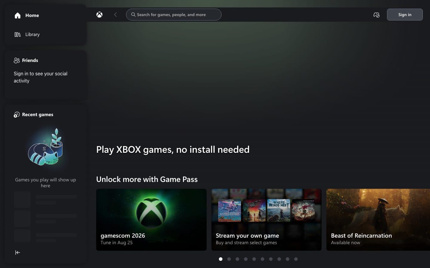 The Xbox Cloud Gaming web app: Play Xbox games, no install needed, with a row of Game Pass games