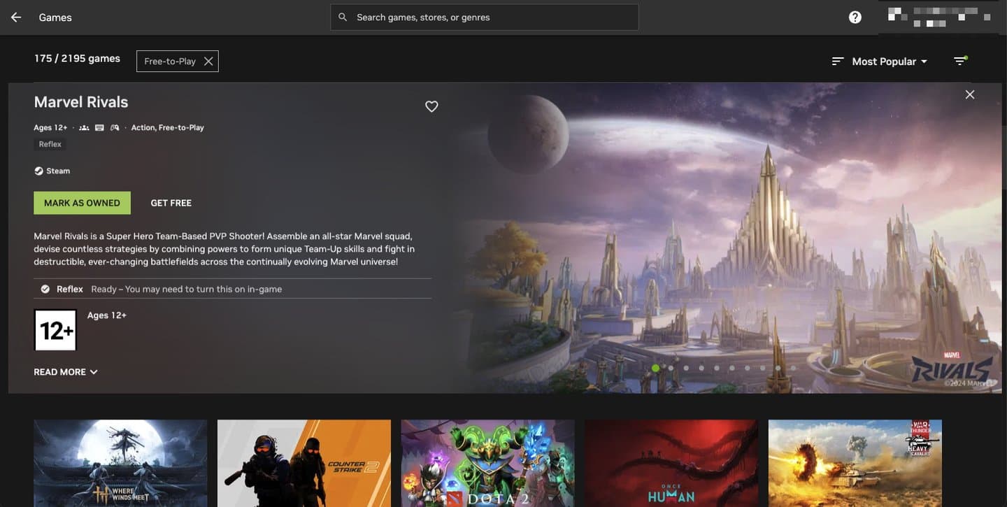 The Marvel Rivals page in the GeForce NOW app, tagged Action, Free-to-Play, with a green Mark as owned button and a Get free link beside it.