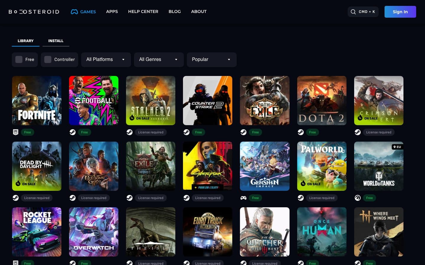 The Boosteroid library in a browser: Fortnite, EA Sports FC, Stalker 2, Counter-Strike 2, Dota 2, Crimson Desert, Baldur's Gate 3, Cyberpunk 2077, Palworld and more, each cover marked Free or License required