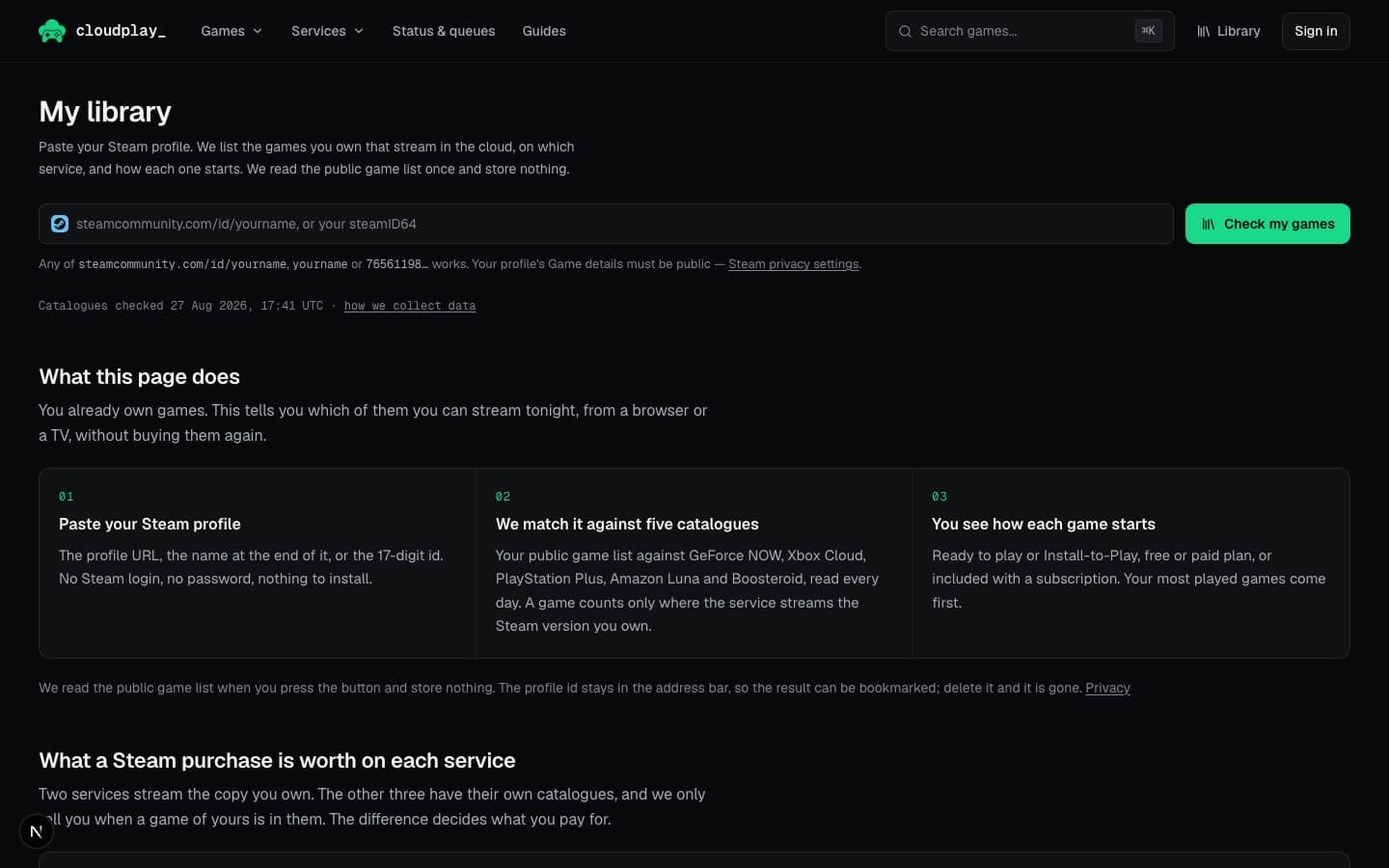 The Cloudplay My library page: a field for a Steam profile, and the three steps — paste the profile, we match it against five catalogues, you see how each game starts