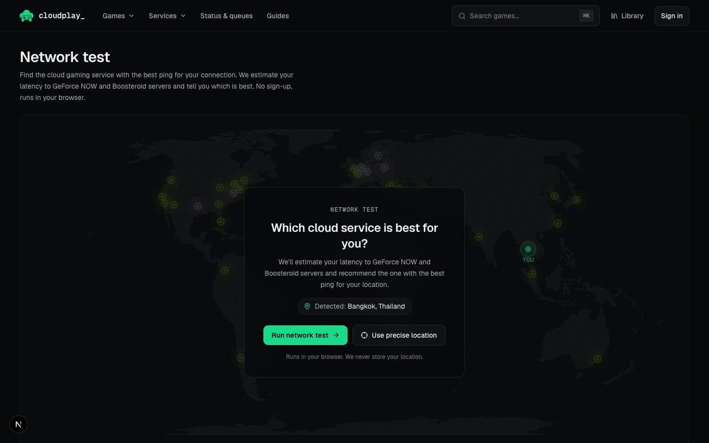The Cloudplay network test: a world map of GeForce NOW and Boosteroid server locations with the visitor's position marked, and a button to run the test