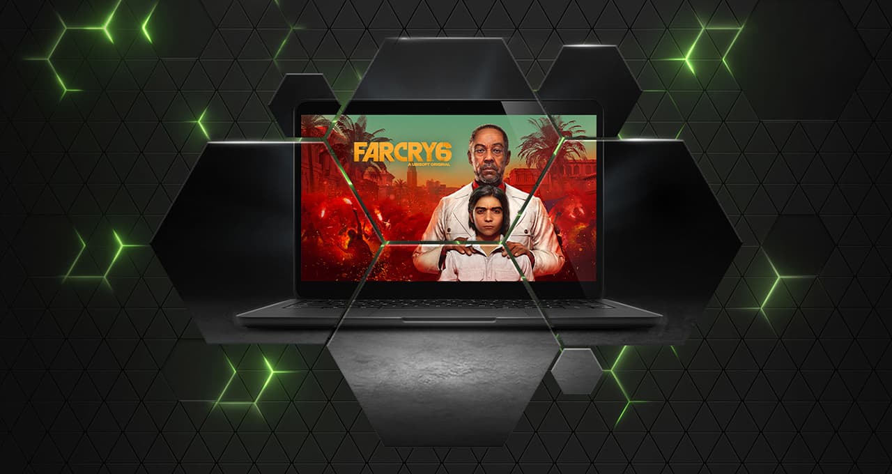 A MacBook with Far Cry 6 filling the screen, streamed through GeForce NOW, against NVIDIA’s green hexagon backdrop.