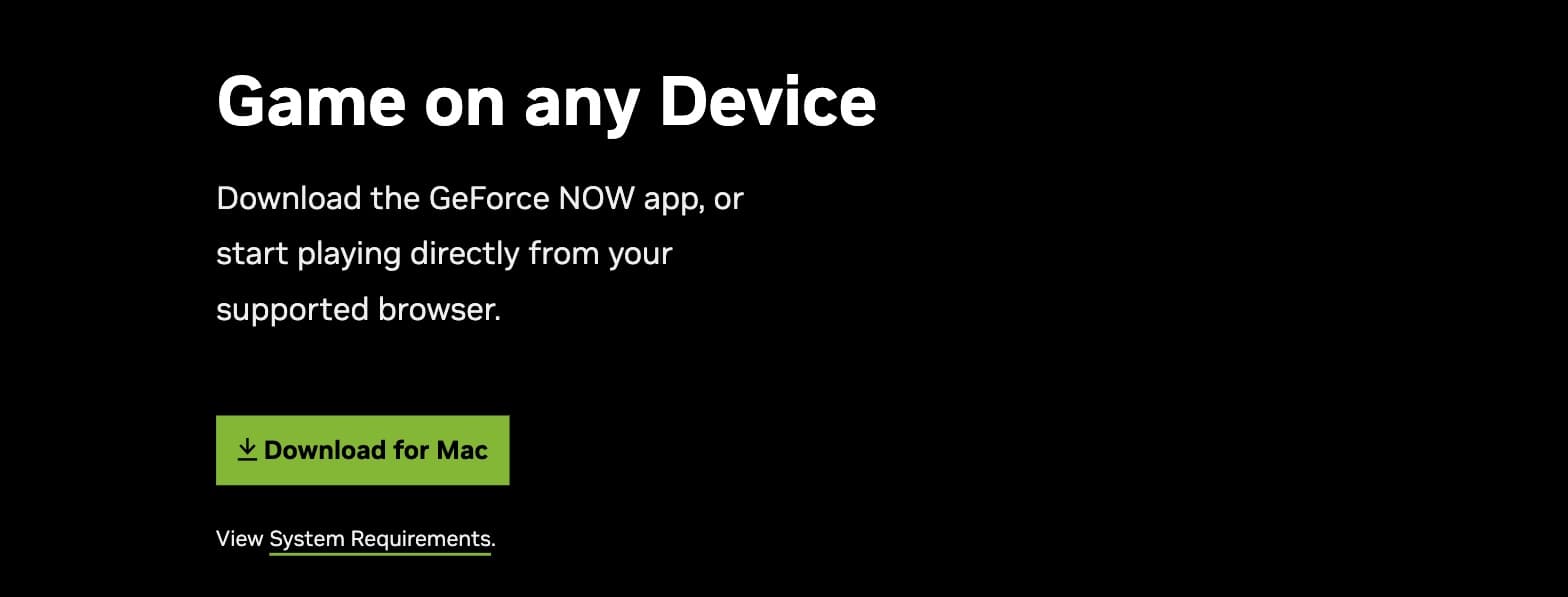 NVIDIA's GeForce NOW download page opened on a Mac, showing a green Download for Mac button under the heading Game on any Device.