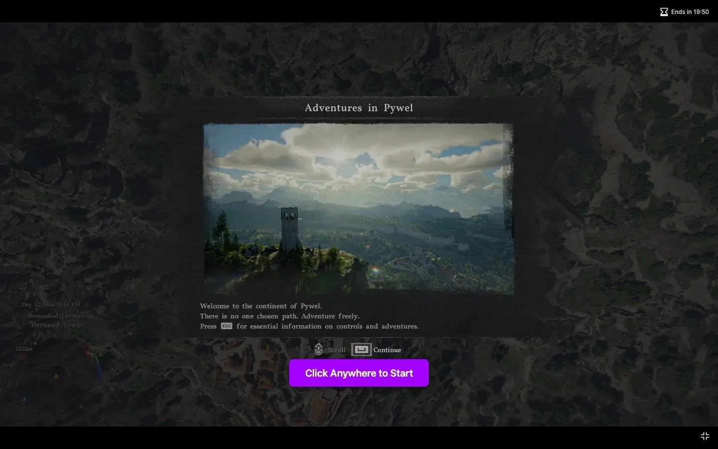The Crimson Desert demo running in a browser tab: an “Adventures in Pywel” card over the game’s map, Twitch’s purple “Click Anywhere to Start” button under it, and a countdown in the top right reading “Ends in 19:50”.