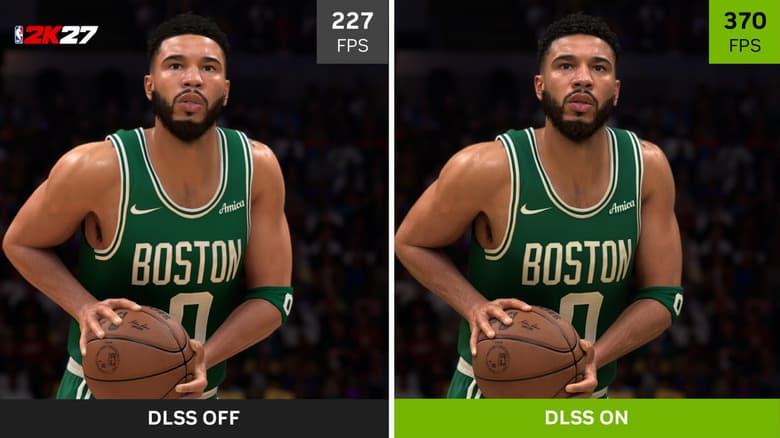 NVIDIA’s NBA 2K27 comparison: Jayson Tatum at the free-throw line, drawn by the game at 227 fps on the left, and with DLSS on at 370 fps on the right, where the skin, the beard and the jersey catch the arena lights.