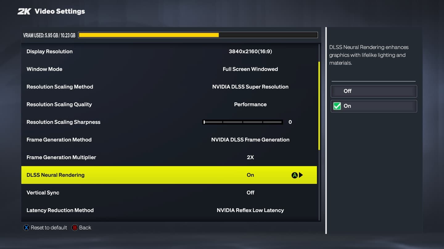 NBA 2K27’s Video Settings menu, with the DLSS Neural Rendering row highlighted and set to On, below DLSS Super Resolution and DLSS Frame Generation.