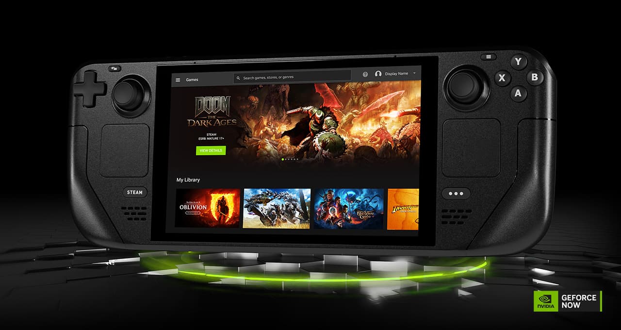 A Steam Deck running the GeForce NOW app: the Games view with a DOOM: The Dark Ages banner, a search bar across the top, and a My Library row showing Oblivion Remastered, Monster Hunter, Baldur’s Gate 3 and Indiana Jones.