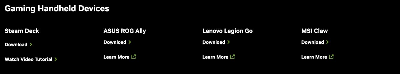 The Gaming Handheld Devices section of NVIDIA's GeForce NOW download page, with a Steam Deck column offering Download and Watch Video Tutorial, beside ASUS ROG Ally, Lenovo Legion Go and MSI Claw.