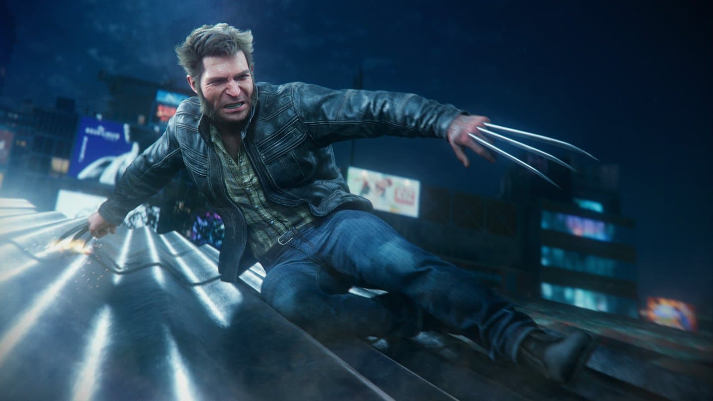 Logan in a plaid shirt, claws out, mid-slide across a neon-lit street at night.