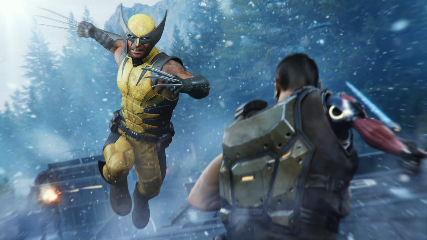 Logan in the yellow suit leaps claws-first at two armed soldiers in a snow-covered forest.