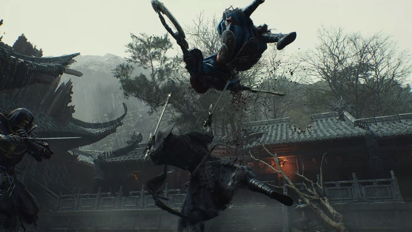 A warrior in dark robes leaps over a swordsman in a courtyard of curved temple roofs, under a gray sky.