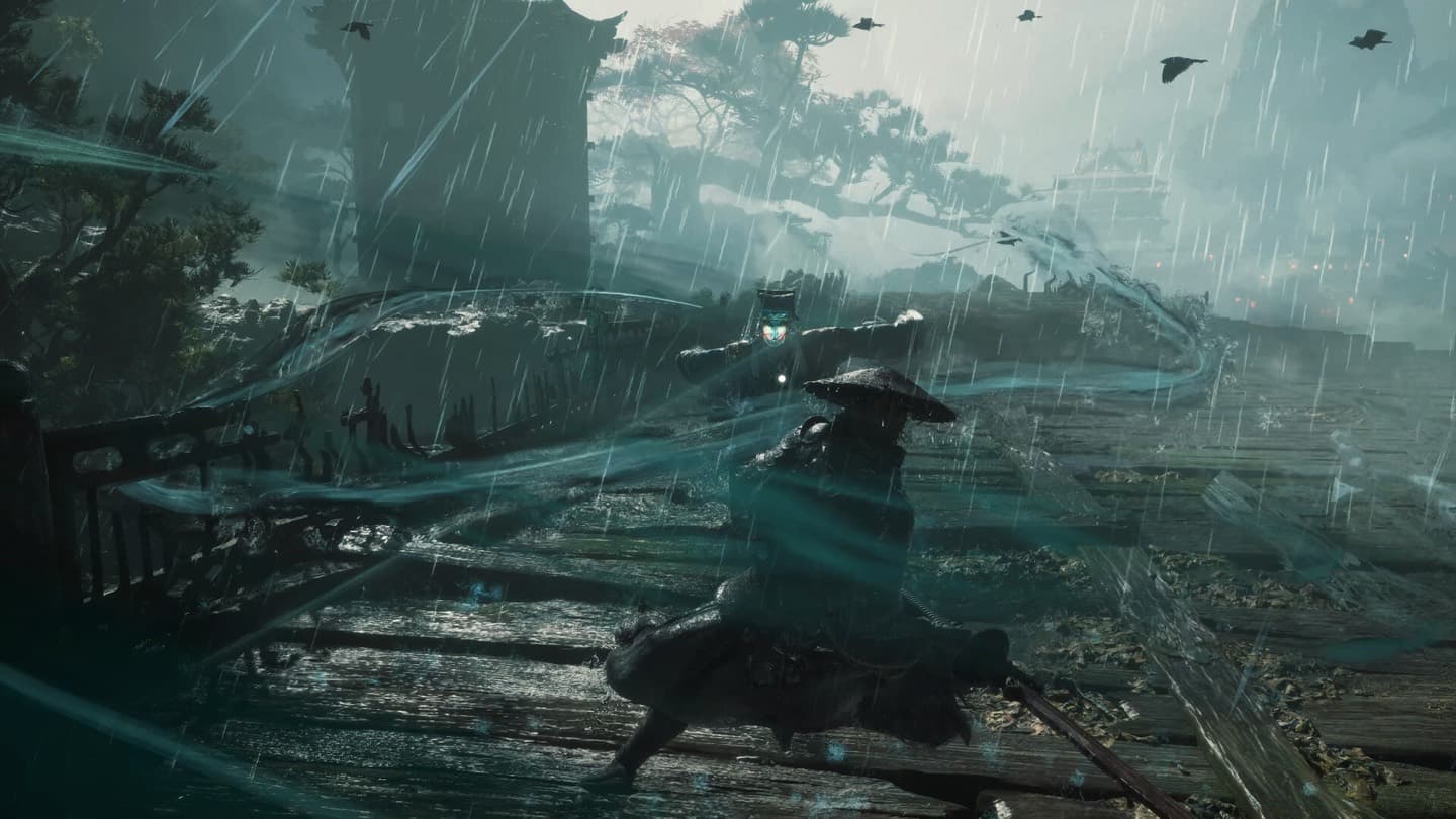 A swordsman in a wide hat crosses a wooden bridge in heavy rain, trails of blue light around his blade.