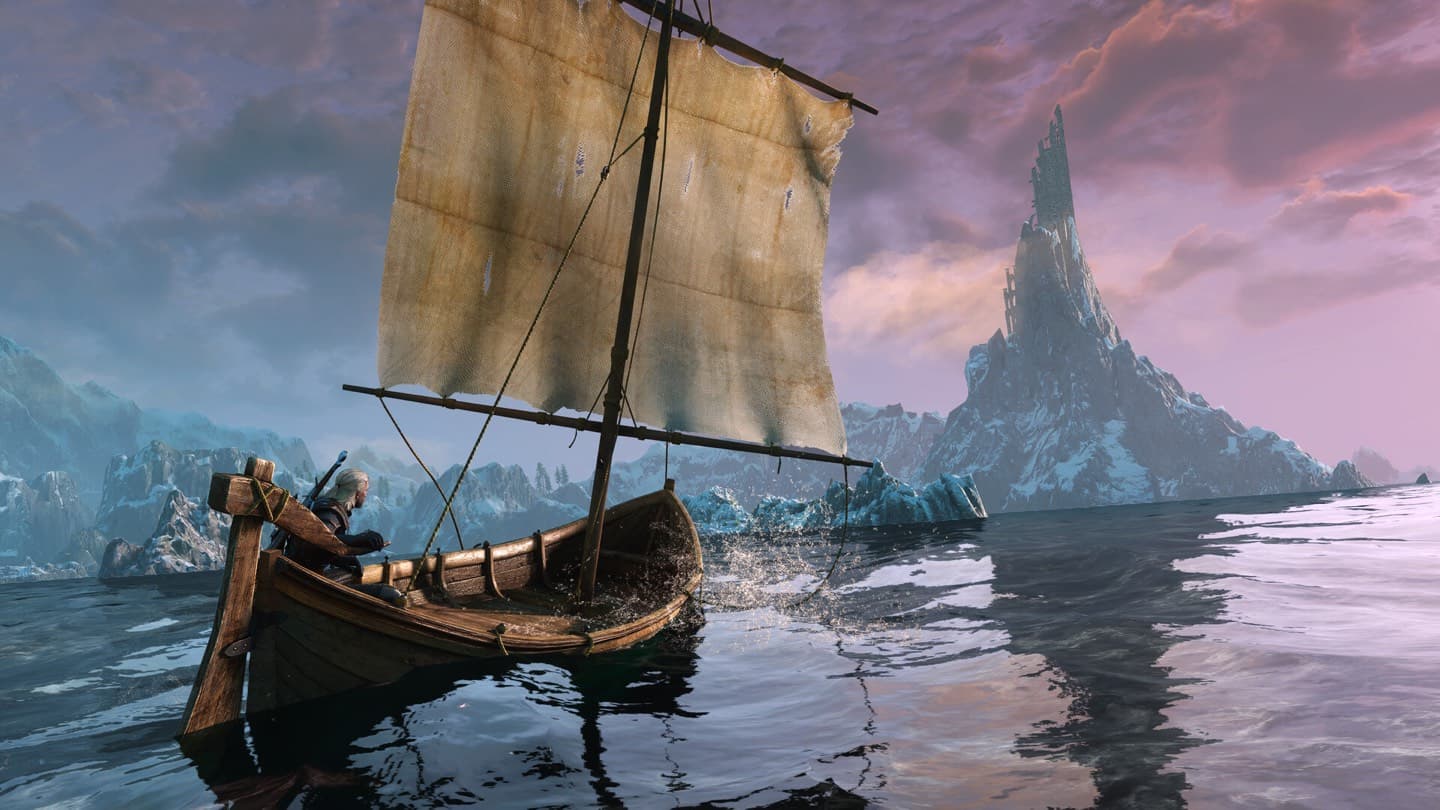 A small sailing boat crosses a calm sea toward snowy cliffs and a tall rock spire under a purple sky.