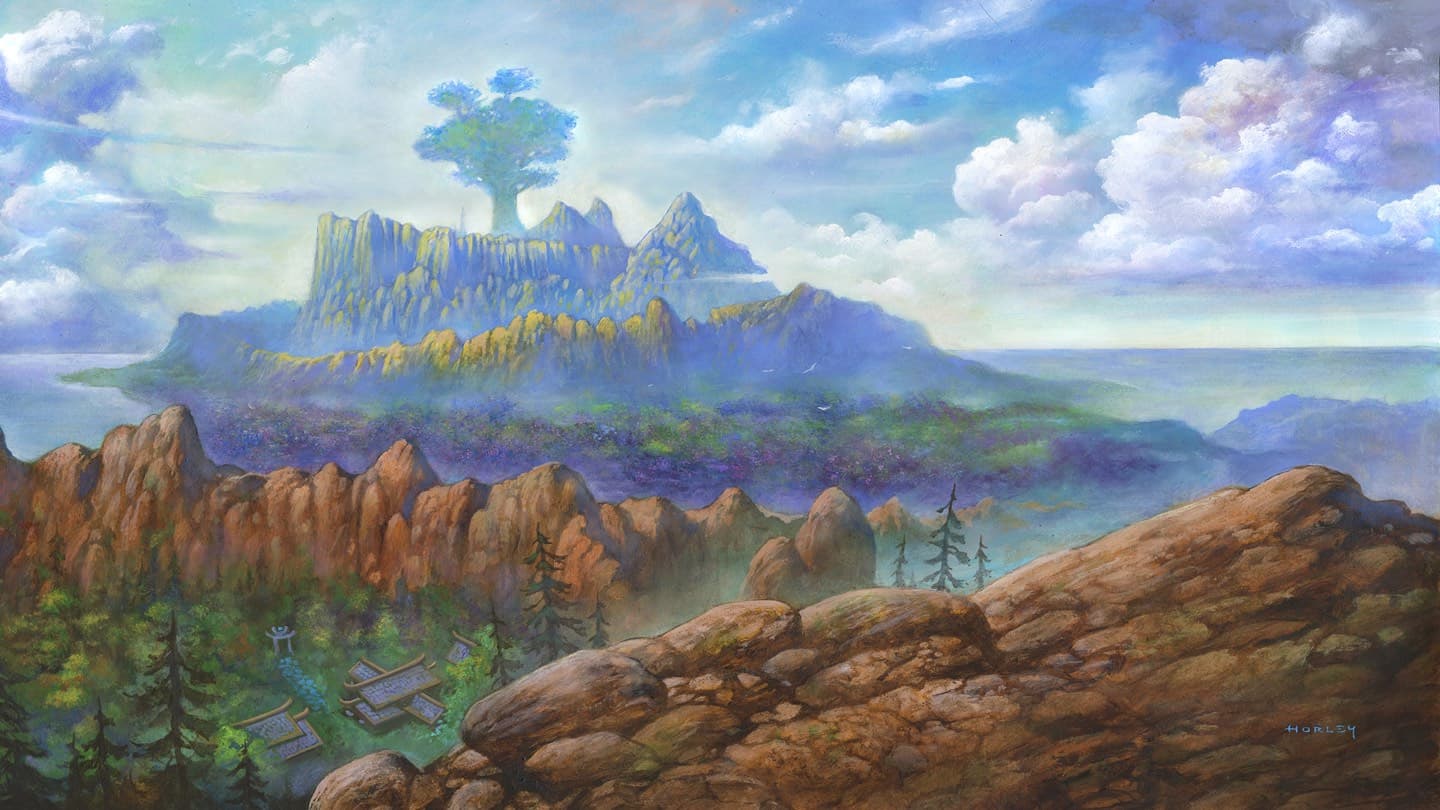 A painting of an island of cliffs under a giant tree, seen across the sea from red rocks above a small village.