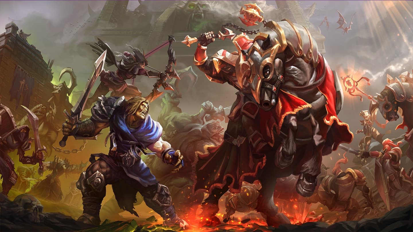An undead swordsman in a blue tunic faces a knight on an armored horse, in front of a ruined city.