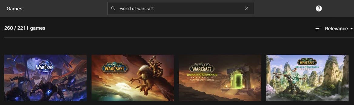 A World of Warcraft search in the GeForce NOW app shows four games: Midnight, Classic, Burning Crusade Classic Anniversary Edition and Mists of Pandaria Classic.